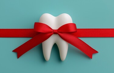 Turquoise tooth model in white with red ribbon.  Gift idea for dental care.