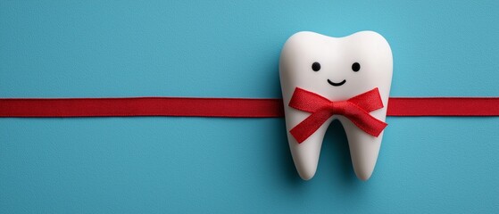 Turquoise tooth model in white with red ribbon.  Gift idea for dental care.