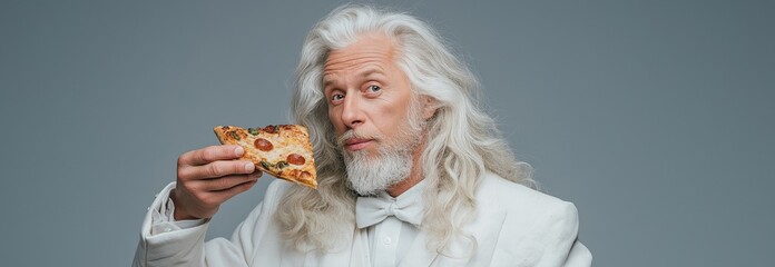 An unconventional man in a white suit with long white hair, a joyful face, and a slice of pizza