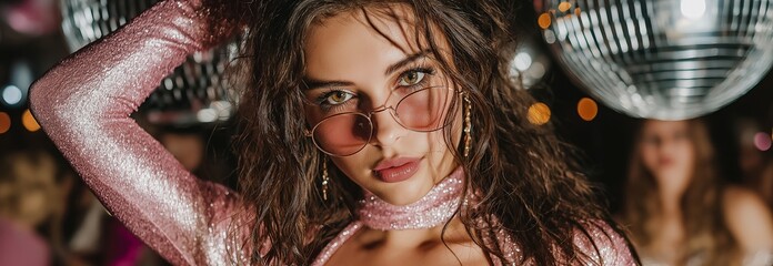 At a dance party, a young woman poses in a sparkling pink jumpsuit.