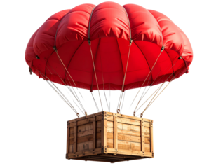 Red Parachute with Wooden Cargo Box Hanging Below, Straight Side View, Isolated PNG (3)