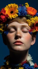 Vibrant colors and a distinctive artistic concept are displayed by a young woman with flowers on her face, who radiates beauty and tranquility against a blue backdrop.