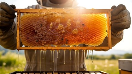 Honey frame dripping with fresh golden honey held by beekeeper