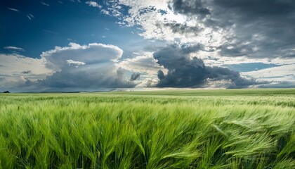 Obraz premium Green Wheat Field Under A Cloudy Sky