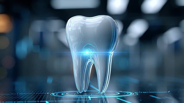 A glass-like holographic tooth rotates slightly as internal blue light streams move downward then widen, emphasizing root structure changes across frames within a digital medical setting