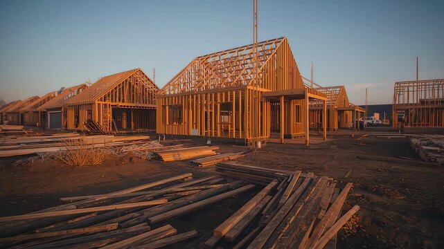 Wooden house frames under construction at sunset on a developing residential site with lumber materials scattered across the building area