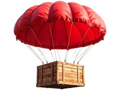 Red Parachute with Wooden Cargo Box Hanging Below, Straight Side View, Isolated PNG (3)