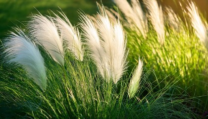 Close Up Of Ornamental Grass With Tall Green Blades And Feathery White Plumes Glowing In The Sunlight