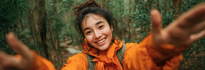 A pleasant young woman wearing an orange jacket is shown in this image of a bamboo forest hand stretching toward the camera while grinning.
