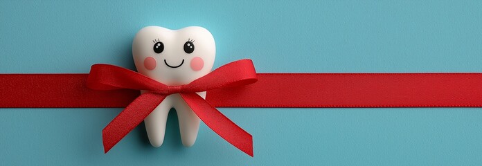 Turquoise tooth model in white with red ribbon.  Gift idea for dental care.