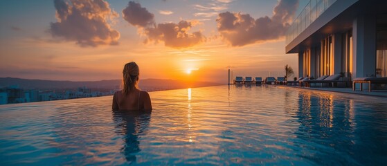 A woman swimming in the stunning beach hotel resort's rooftop pool