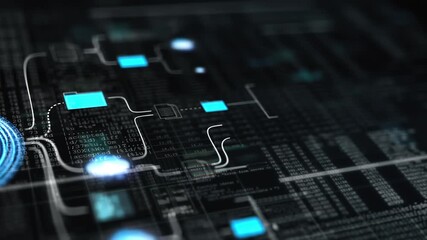 Futuristic data‑network visual featuring glowing circular UI elements, cloud nodes and flowing digital pathways, set against dense code matrices that emphasize cybersecurity, analytics - Powered by Adobe