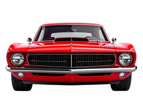 Red Retro American Muscle Car 3D Render, Low Front Angle, Transparent Background