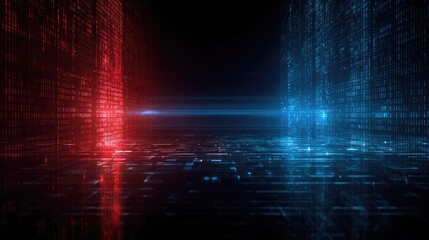Dynamic digital tunnel with glowing red and blue data streams, circuit patterns, and a central light beam, representing futuristic technology and data flow.
