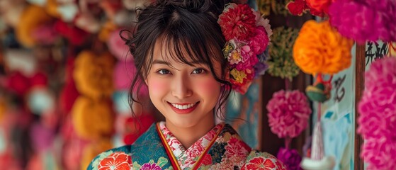 A young Asian woman smiling while donning a traditional flowery kimono