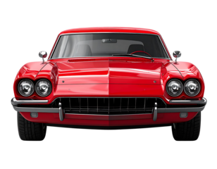 Red Retro American Muscle Car 3D Render, Low Front Angle, Transparent Background
