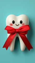 Turquoise tooth model in white with red ribbon.  Gift idea for dental care.