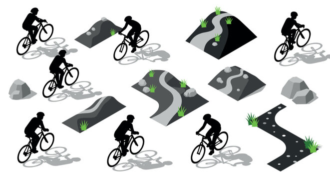 Cyclist silhouettes on isometric mountain trails with rocks and grass elements