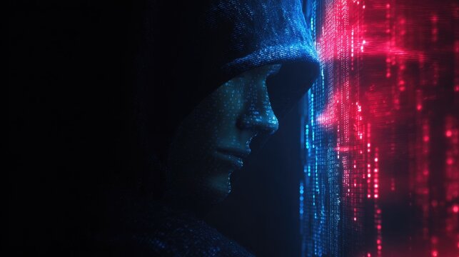 A mysterious hooded figure's face is formed by digital code, illuminated by blue and red data streams, symbolizing a hacker in the cyber realm.