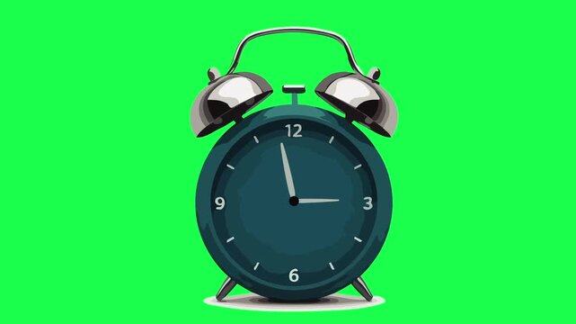 Animated blue retro alarm clock ringing and shaking on green screen