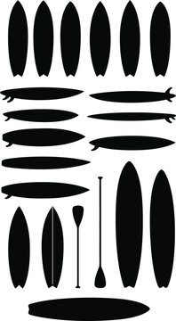 Surfboard collection featuring diverse shapes and a paddle isolated on a white background for beach vacation travel templates.