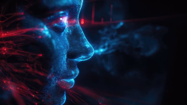 Profile view of a glowing blue particle-based digital human face amidst intricate red light trails, representing AI and neural networks.