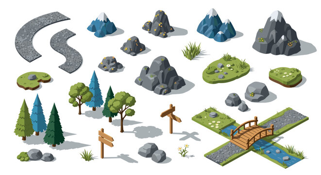 Isometric nature elements with trees, rocks, and pathways for game design