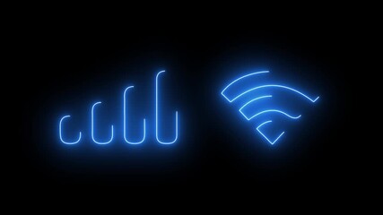 Dynamic animation of signal strength and wifi icon glowing with bright blue color in dark background showing data transfer 120