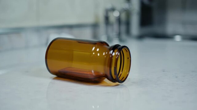 Sequence of an empty amber glass bottle rolling across a clean countertop. Pharmaceutical container for medicine or vitamins in a clinical or lab setting. Healthcare concept