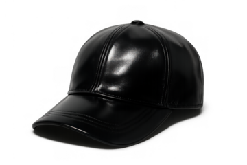 Black leather baseball cap with a sleek, shiny finish providing a modern accessory for style and active wear