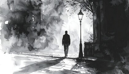 Black and white illustration of person walking past streetlight