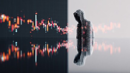 A hooded figure, composed of data code, silently observes a volatile financial market, symbolizing cyber threats, algorithmic trading, and digital finance.