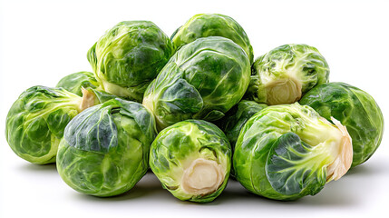Fototapeta premium A close up shot of a pile of fresh green brussel sprouts on a white surface in bright lighting
