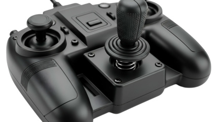 Dark close-up of a gaming controller with multiple joysticks, buttons, and a textured grip