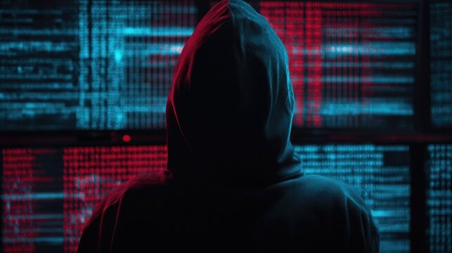 A mysterious hooded figure stands before glowing computer screens displaying complex code in red and blue hues, symbolizing cyber security or hacking. - Powered by Adobe
