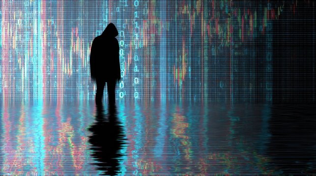 A hooded figure stands before a dynamic digital display of data and binary code, reflected in a shimmering surface, representing cyber threats and anonymity.