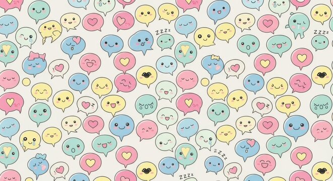 Playful collection of pastel-colored emoticons conveying emotions in a seamless pattern