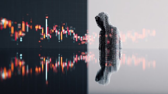 A hooded figure, composed of data code, silently observes a volatile financial market, symbolizing cyber threats, algorithmic trading, and digital finance.