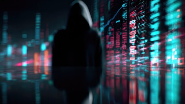 A hooded figure stands before a vibrant digital data display, reflecting a world of cybersecurity, hacking, and complex algorithms in a dark, futuristic setting.