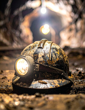 Stary kask z latarką g&oacute;rnika w kopalni 