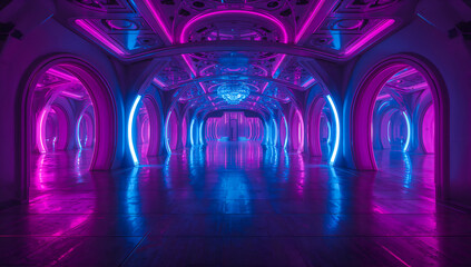 Futuristic hallway with neon lights and reflective floor