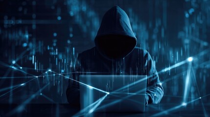 A hooded figure operates a laptop within a dark, glowing digital network, symbolizing anonymous hacking, cybersecurity, data breach, or complex digital operations.