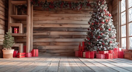 Rustic Christmas Interior with Decorated Tree, Gifts, and Festive Accents