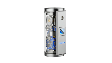 A transparent cylindrical device with exposed internal mechanical and electronic components