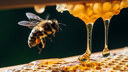 Close-up of a Bee Flying Toward Dripping Honeycomb
