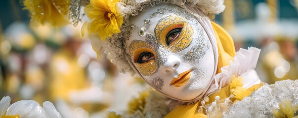 Colorful festival dancer wearing ornate mask performing on vibrant street stage