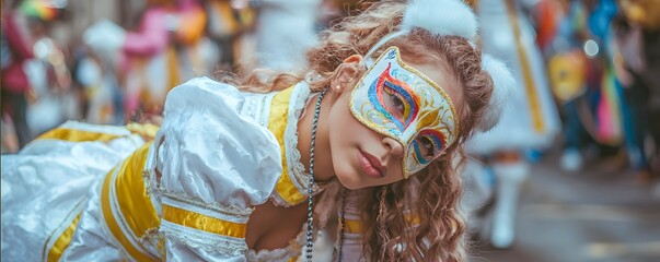 Colorful festival dancer wearing ornate mask performing on vibrant street stage