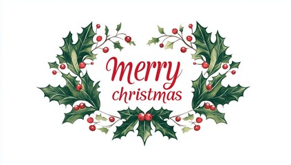 Holly Wreath with Merry Christmas Text for Holiday Decor and Greeting Cards