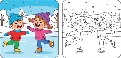 Coloring book page vector with colored reference. Cute cartoon children ice skating in winter park. Happy boy and girl skater outline illustration.