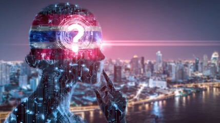 A circuit-patterned AI mind, bearing the Thai flag, ponders complex questions against a modern city backdrop.